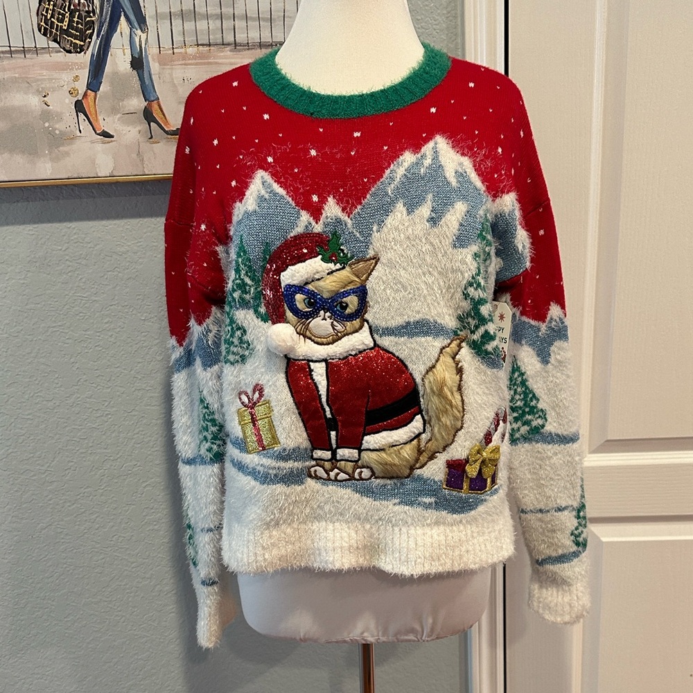 Major Label Group Sz Medium Holiday Cat Sweater • NWT! - Picture 1 of 10